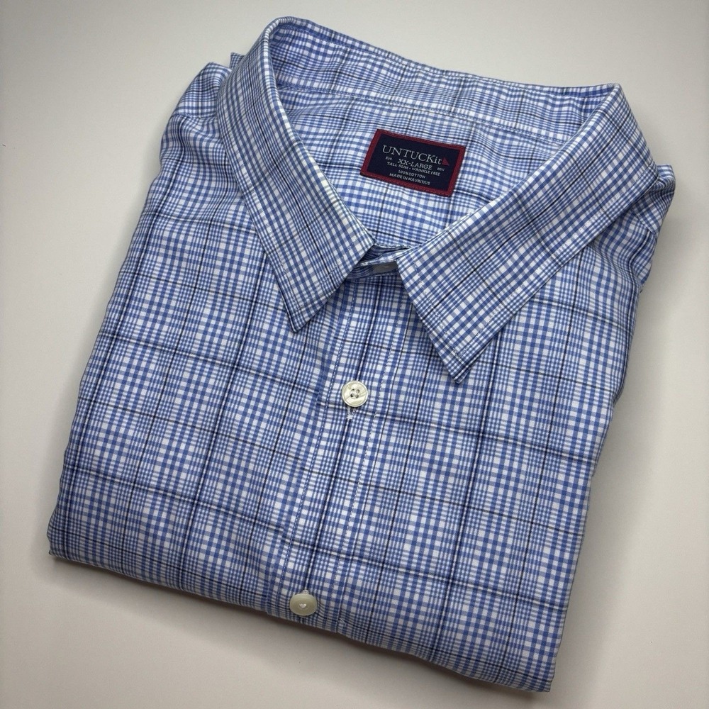 UNTUCKit Durbanville WF Plaid Shirt Men XXL Tall Slim Blue Wrinkle Free Untucked - Picture 2 of 6